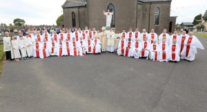 REPRO FREE 19/07/2015; Bishop Alphonsus Cullinan DD, Bishop of Waterford & Lismore, with Rev. Shane O’Neill, Knockanore and newly ordained Priest for the diocese of Waterford and Lismore, with the attending Prriests and alter servers after Shane's ordination in the Church of The Sacred Heart, Knockanore, Co. Waterford. Picture: John Hennessy